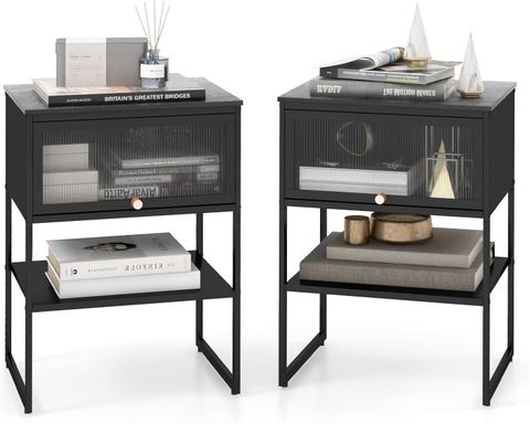 Nightstand Set Of 2 With Flip Up Door, Modern Sofa Side Table With Open ... within Simple Oriental Black Open Shelf End Table Nightstand Small Cabinet Hcs7667