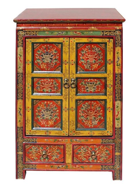 Orange Red Yellow Tibetan Floral End Table Nightstand Cabinet Cs3936S ... pertaining to Exploring the Artisan Craftsmanship Behind Tibetan Wooden Furniture