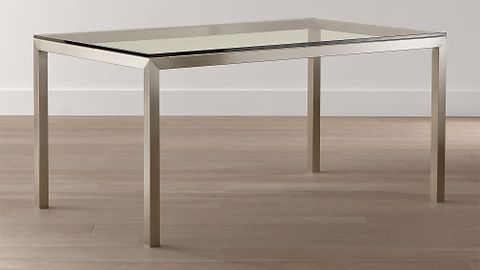 Parsons Clear Glass Top/ Stainless Steel Base Dining Tables | Crate And ... with Liera End Table Glass Top White Lacquer Base Stainless Steel Cutout Details
