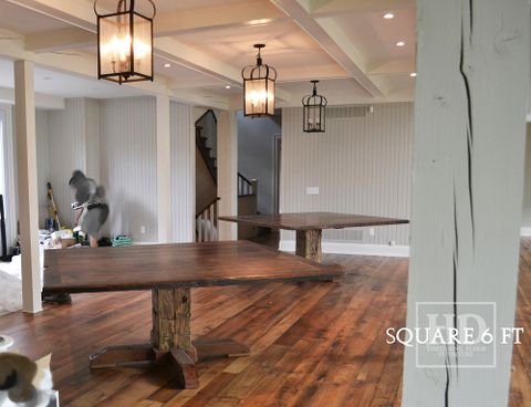 Reclaimed Wood Square Pedestal Tables In Toronto, Ontario Home | Blog regarding How Distressed Finish Elements Transform Modern Dining Room Design