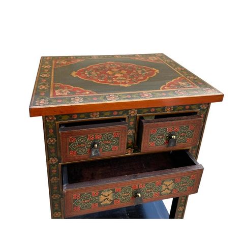 Red Black Tan Tibetan Floral End Side Table Nightstand Cabinet | Chairish inside Tibetan Orange Yellow Jewel Floral Tall End Table Nightstand Cabinet Hcs7625