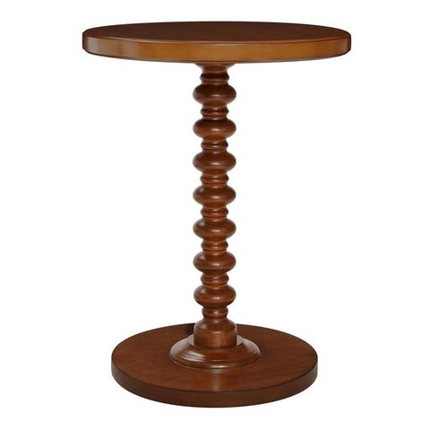 Round Wood Bobbin Pedestal Accent Table - World Market | End Tables ... inside 21" Side End Table Round Top Stacked Ball Post Natural Brown Mango Wood