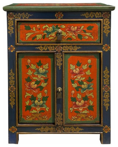 Tibetan Oriental Blue Orange Red Green Floral End Table Nightstand ... intended for Tibetan Orange Yellow Jewel Floral Tall End Table Nightstand Cabinet Hcs7625