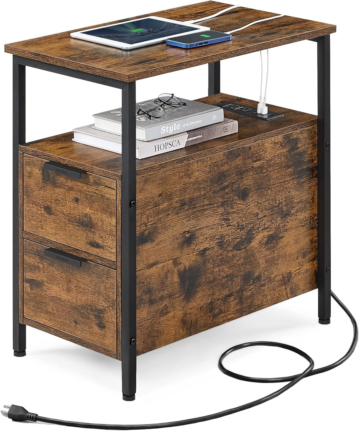 Vasagle Side Table With Charging Station, Narrow End Table With 2 ... regarding Linon Bartow Wood Storage Accent Table Usb Charging Station In Hazelnut Brown