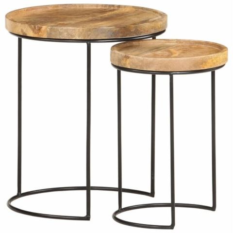 Vidaxl 2 Piece Coffee Table Set Solid Mango Wood And Steel, 14.1"X16.5 ... in Vidaxl Side Table Set Of 2 Round Coffee Table Nesting Table Solid Mango Wood