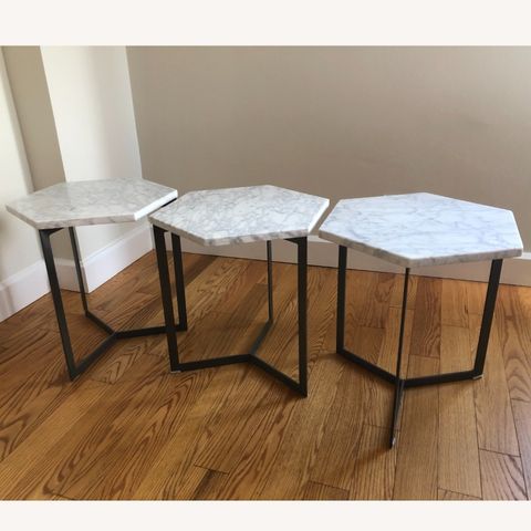 West Elm White Marble Hex Side Tables - Aptdeco in Bleached Wood White Marble Hexagon 18" Bunching Table Minimalist Contemporary
